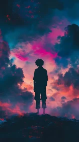 Silhouetted figure stands before vivid magenta and blue clouds