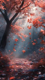 Autumn forest path with falling red leaves and soft light.