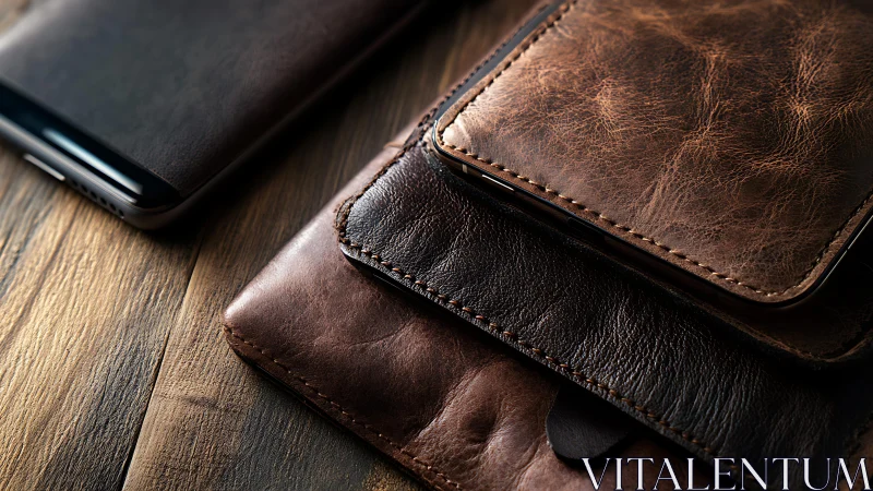 Rich brown leather phone cases lie stacked on rustic wood
