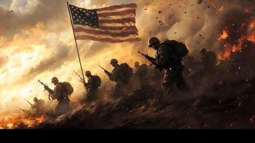 Soldiers advance through burning terrain under large US flag