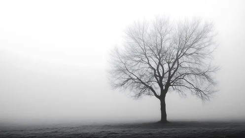 Leafless tree stands alone on flat ground in dense fog