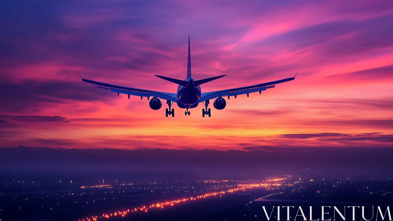 Jetliner skims twilight ribbons as runway constellations glow