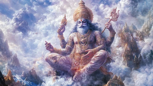 Majestic sky deity rests calmly among glowing cloud temples