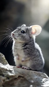 Rock-perched chinchilla daydreams in a halo of soft light.