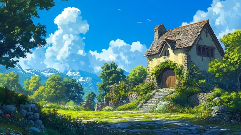 Stone cottage stands in a landscaped meadow under clear sky