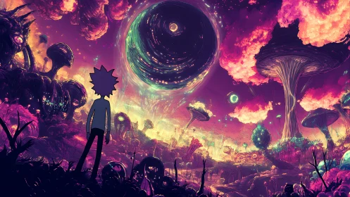 Stargazing wanderer in a glowing neon alien dreamscape.