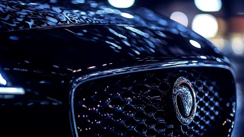 Luxury sports car grille close-up with night reflections.