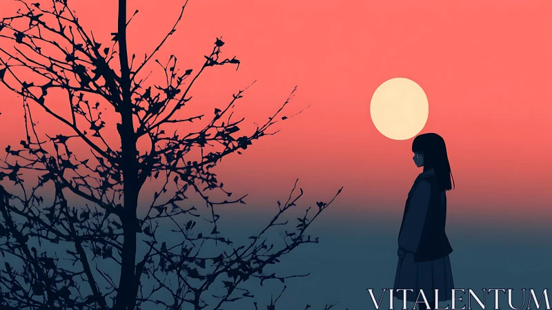 Silhouetted girl and barren tree under minimal dusk sun.