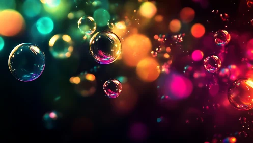 Glowing rainbow bubbles drift across vibrant bokeh lights.
