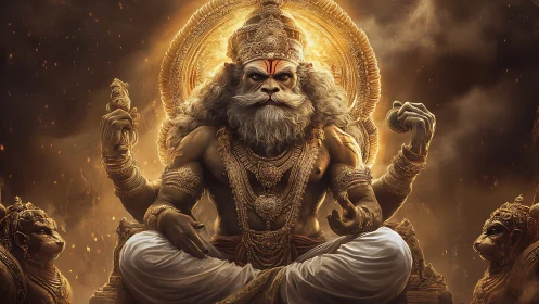 Lion-headed divine warrior in incandescent throne radiance.