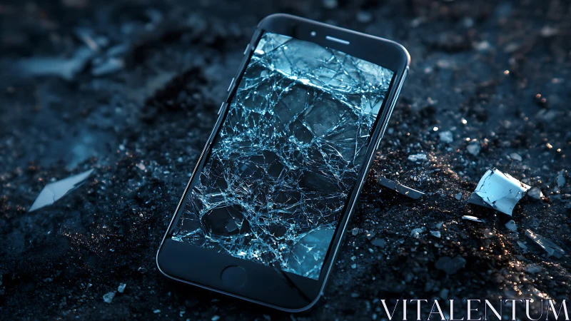 Shattered smartphone screen rendered in dramatic low-key lighting