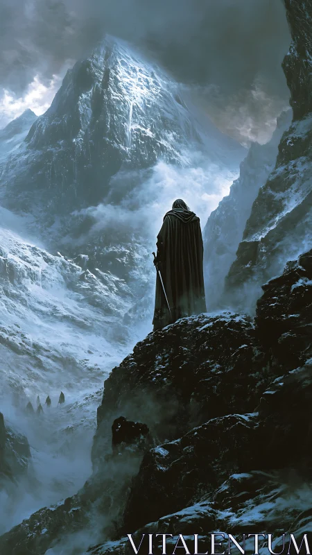 Lone wanderer defies a storm-crowned, icebound mountain peak.