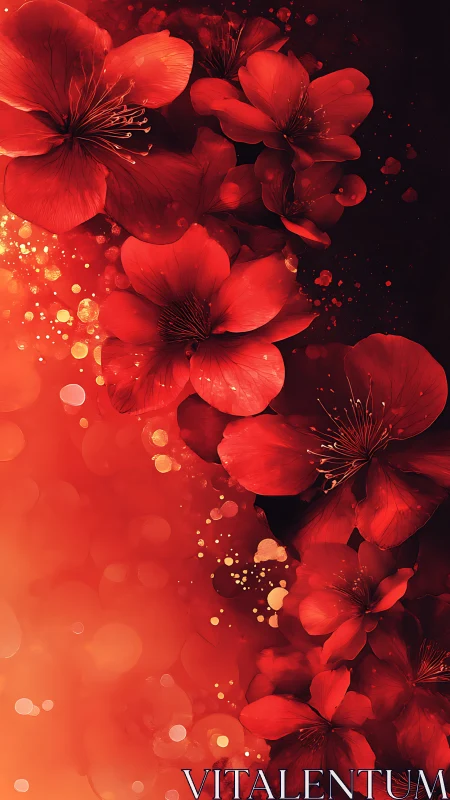 Radiant Red Blossoms Blooming with Luminous Particle Magic