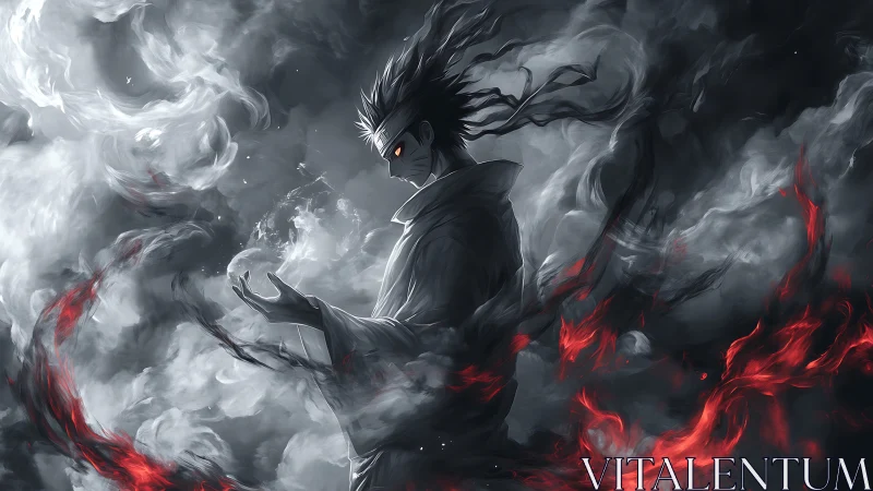 Dark robed figure amid swirling smoke and red energy.