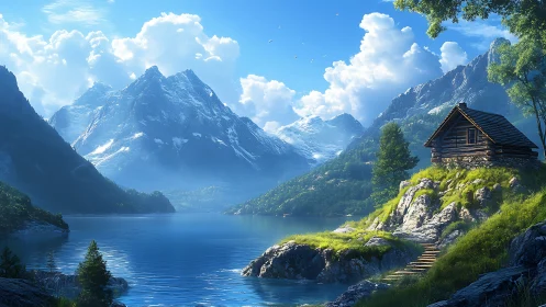 Mountain lake cabin under bright sky and snowy peaks.