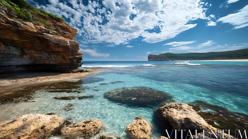 Sunstruck cliffs greeting turquoise tide in a secret cove.