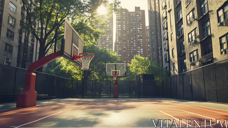 Sunlit urban basketball court with twin hoops and tower blocks