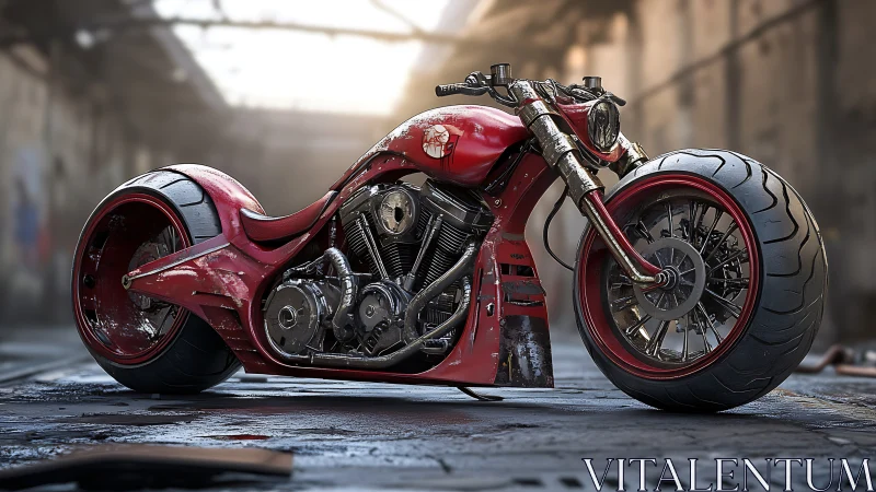 Custom red motorcycle in industrial warehouse environment.