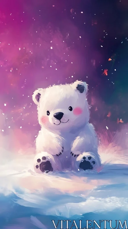 Young polar bear cub sitting on snow under pastel sky.