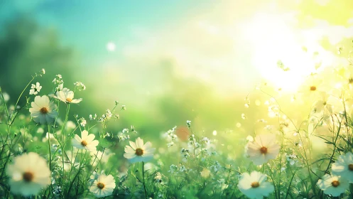 Soft morning sunlight bathes a tranquil wildflower meadow.