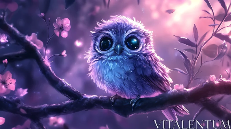 Adorable Big-Eyed Owl on Branch in Dreamy Fantasy Style Illustration.