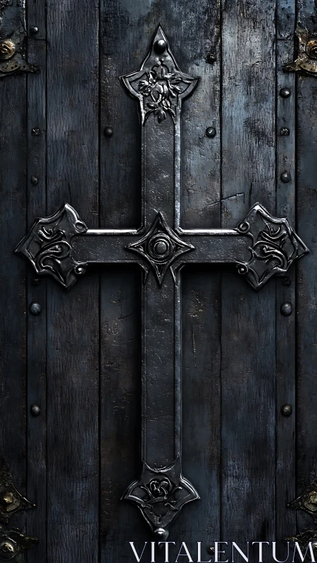 Iron gothic cross guarding a weathered midnight door.