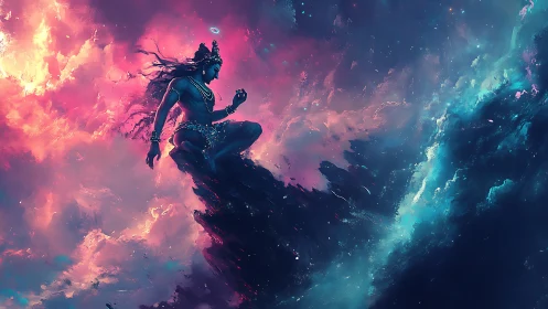 Mythic figure seated amid cosmic clouds and light.