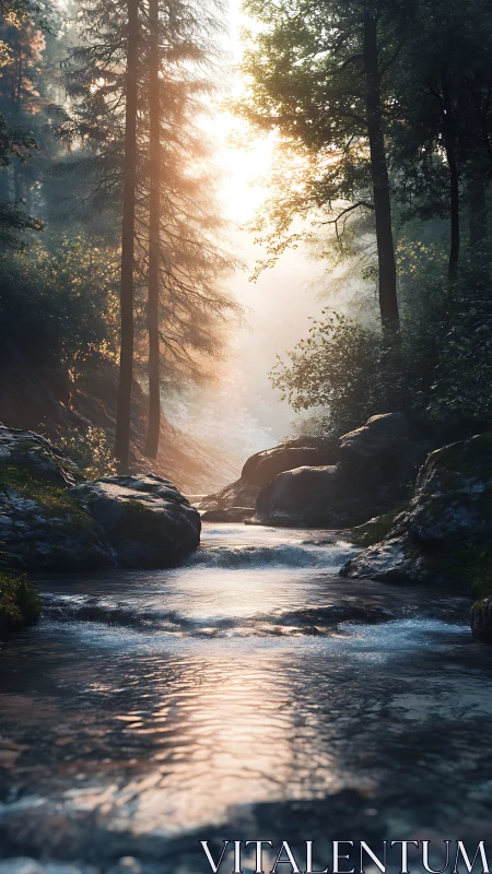 Sunlit stream flowing through misty forest canopy