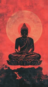 Monochrome Buddha silhouette with radial halo on textured red field