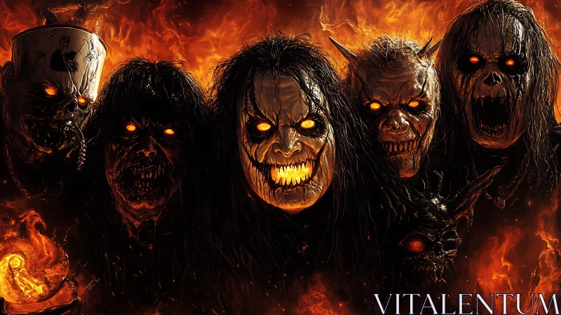 Demonic metal band portrait rendered in infernal digital flames