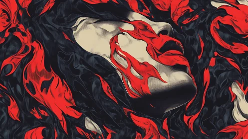 Surreal portrait engulfed in red flame abstractions, digital painting.