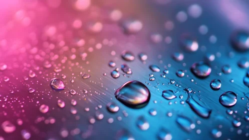 Neon water droplets scatter across brushed metal surface.