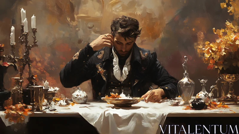 Pensive gentleman contemplates an autumn feast in candlelight.