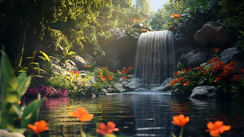 3D botanical waterfall grotto with luminous floral banks.
