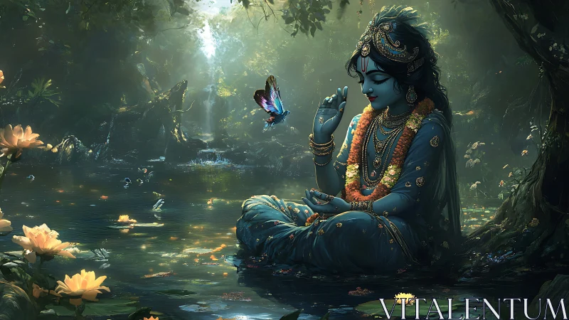 Blue-skinned seated figure by reflective forest pond