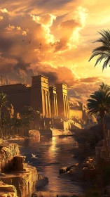 Golden sunset bathes ancient riverside Egyptian temple.