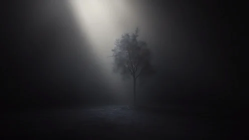 Isolated tree stands under focused overhead light beam