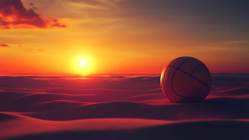 Basketball resting on stylized dunes under saturated sunset light