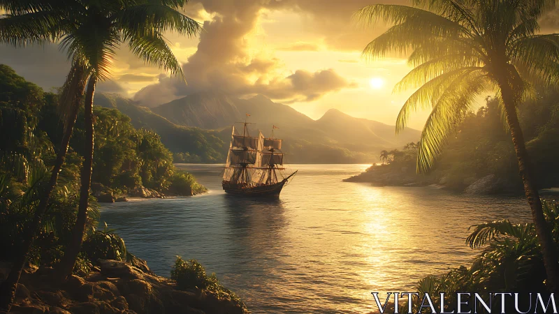 Tall Ship in Tropical Bay at Golden Hour