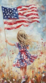 Young girl in starry dress waving American flag proudly.