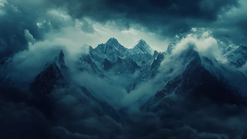 Nocturnal glaciated crags emerging through convective storm clouds.