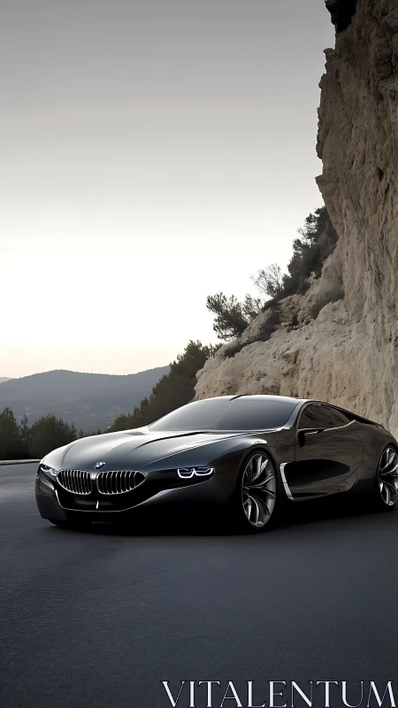 Sleek black BMW concept car passes rugged cliffside road.