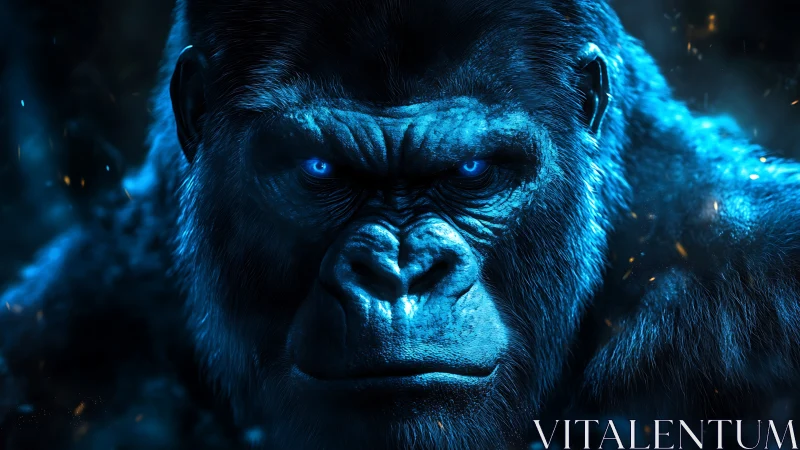 Powerful blue gorilla gazing back with fierce quiet focus.