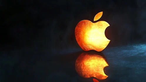 Luminous apple-shaped logo with reflective surface effect.