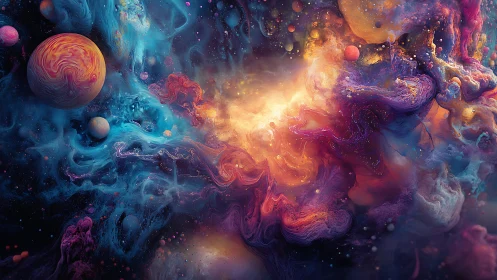 Nebula clouds swirl around glowing cosmic core and planets
