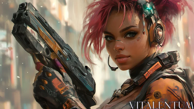 Cybernetic operative with sidearm in dense urban setting.