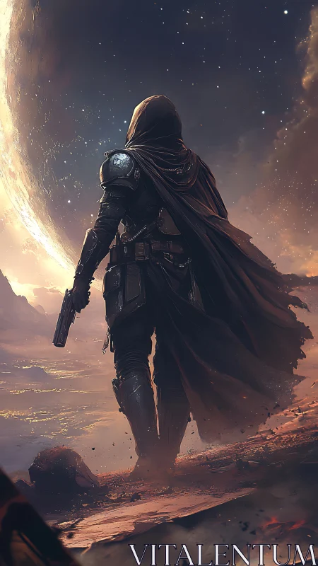 Wanderer in starlit armor walking the edge of a world.