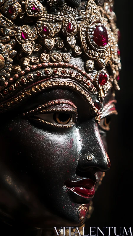Gleaming jeweled goddess face in intimate close-up profile.