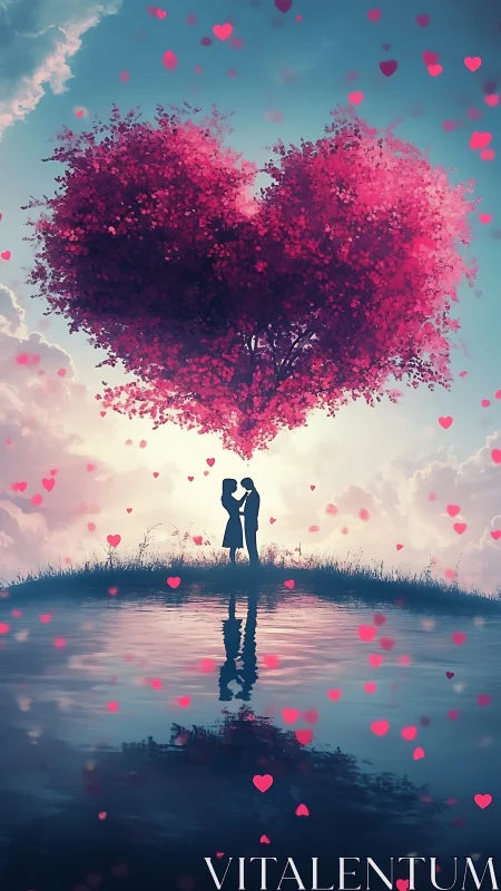 Couple beneath heart-shaped tree with pink petals falling.