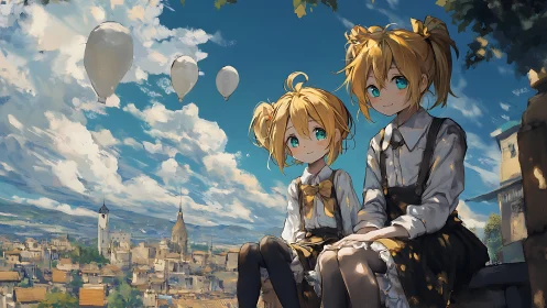 Two anime girls above town with balloons and cloudy sky.